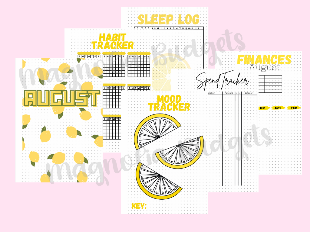 August Lemon Theme Monthly Spread | A5 Bullet Journal Spreads - Physical