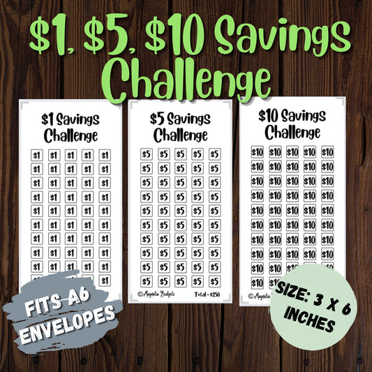 A6 Size 1, 5, 10 Dollar Savings Challenge Bundle | Low Income | High Income