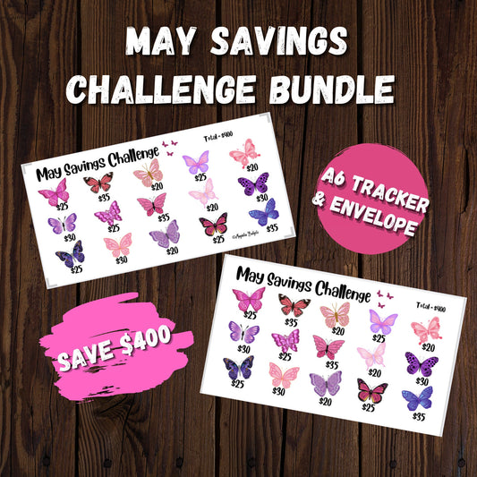 May Savings Challenge Bundle | Cash Envelope and Tracker | Butterfly Savings Challenge | Monthly Savings Challenges | Size A6