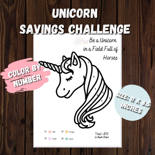 Unicorn Savings Challenge | Color By Number Savings Challenge | Savings Tracker | Letter Size | Save 55 Dollars | Low Income