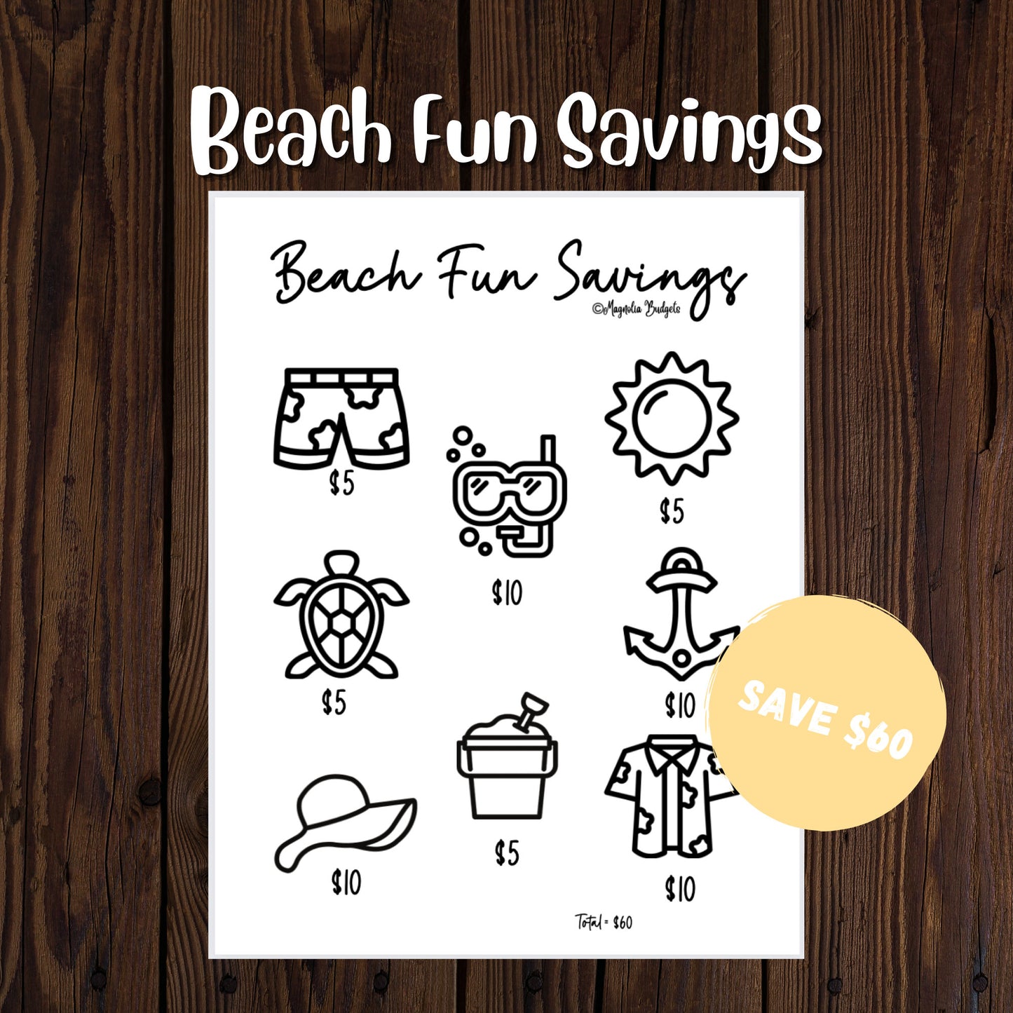 Beach Savings Challenge | Savings Tracker | Letter Size | Save 60 | Low Income | High Income