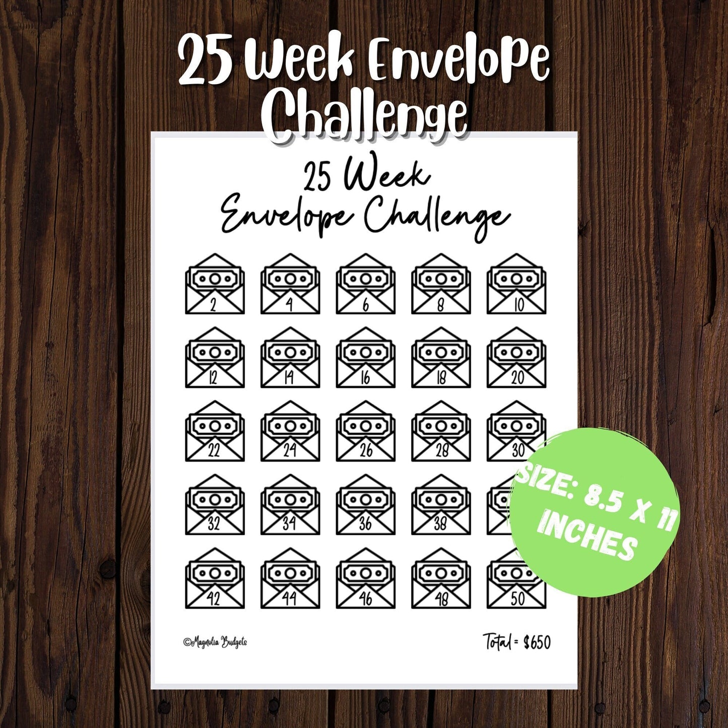 25 Week Envelope Savings Challenge | Envelope Savings Tracker | Letter Size | Save 650 | Low Income | High Income